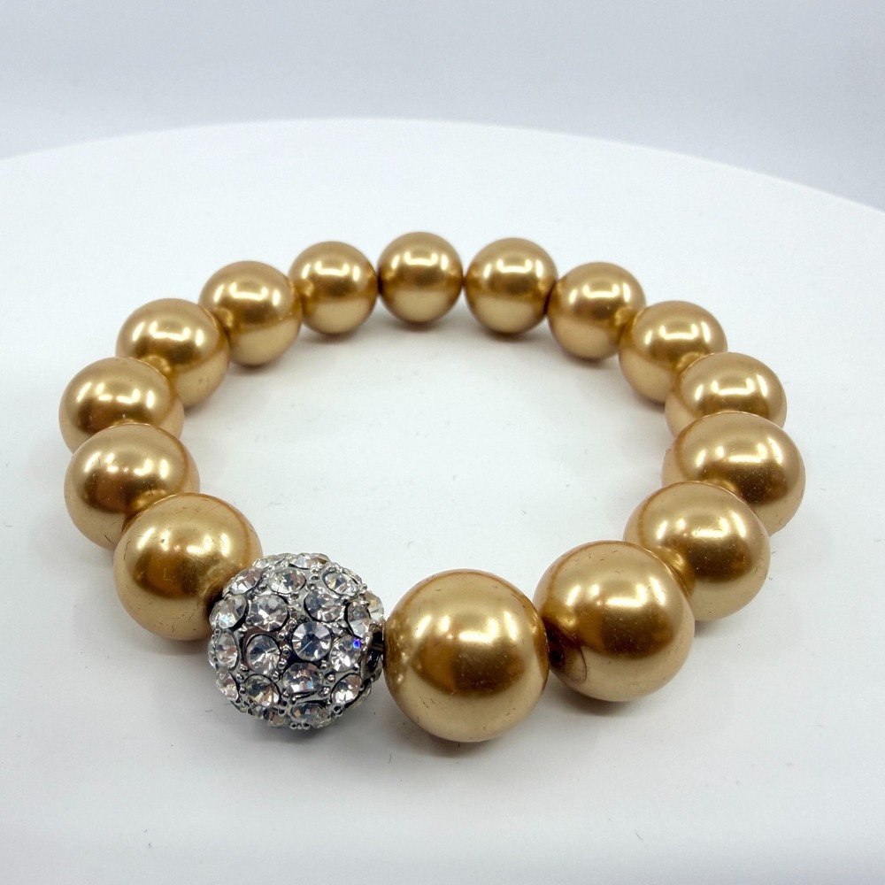 Vintage Gold Tone Faux Pearl Stretch Bracelet with Rhinestone Disco Balls